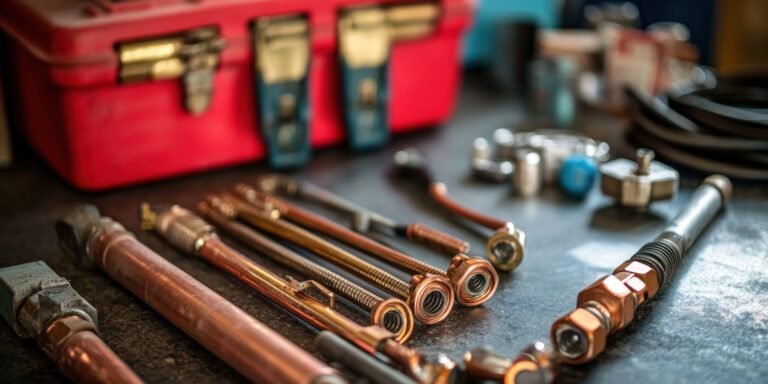 A close-up of various types and sizes of copper pipes, wires, tools, and equipment used in home plumbing for air conditioner tubes. A red toolbox is visible on the table with an open lid showing several cables and other materials. The focus should be sharp to capture details like crumpled paper or fine lines etched into metal surfaces. This scene conveys a precisionist style and attention to detail, emphasizing elements that highlight the high-quality craftsmanship associated with electrical work. --ar 16:9 --stylize 250 --v 6.1 Job ID: 5929bd35-261e-4d14-994a-f5e6baf0f38f
