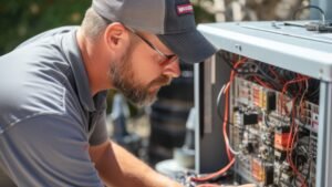HVAC technician servicing an air conditioning unit.