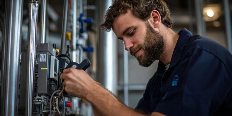A dedicated technician is intently repairing machinery in a contemporary industrial environment, highlighting intricate details of equipment and tools, emphasizing craftsmanship and skill