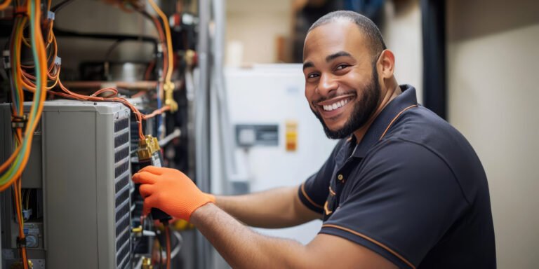 A technician in a dark shirt and gloves works on a cooling unit in a workshop. Bright orange gloves accentuate his focused expression as he maintains the machinery.