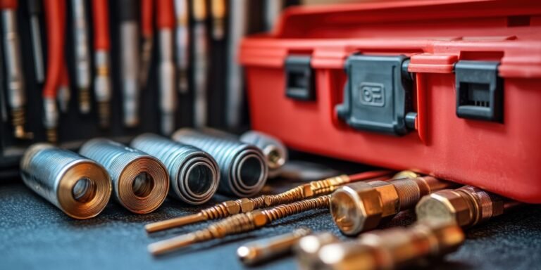A close-up of various types and sizes of copper pipes, wires, tools, and equipment used in home plumbing for air conditioner tubes. A red toolbox is visible on the table with an open lid showing several cables and other materials. The focus should be sharp to capture details like crumpled paper or fine lines etched into metal surfaces. This scene conveys a precisionist style and attention to detail, emphasizing elements that highlight the high-quality craftsmanship associated with electrical work. --ar 16:9 --stylize 250 --v 6.1 Job ID: 5929bd35-261e-4d14-994a-f5e6baf0f38f