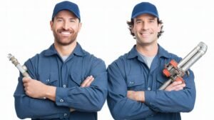 Two professional plumbers wearing matching shirts pose confidently while holding tools and a pipe, showcasing teamwork and expertise in the plumbing industry.
